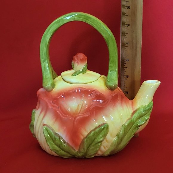 Ceramic Pink Flower and Leaves Tea Pot with Lid - Picture 6 of 13